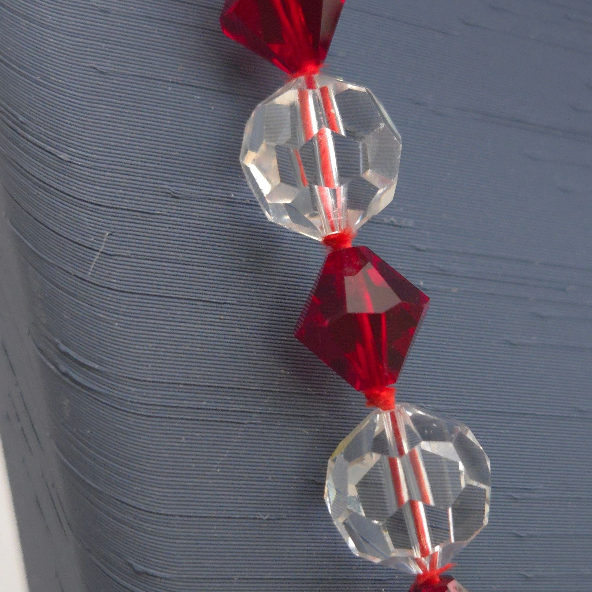 Vintage Ruby Red Clear Crystal Bead Necklace Hand Strung 24" Silk Sterling Clasp