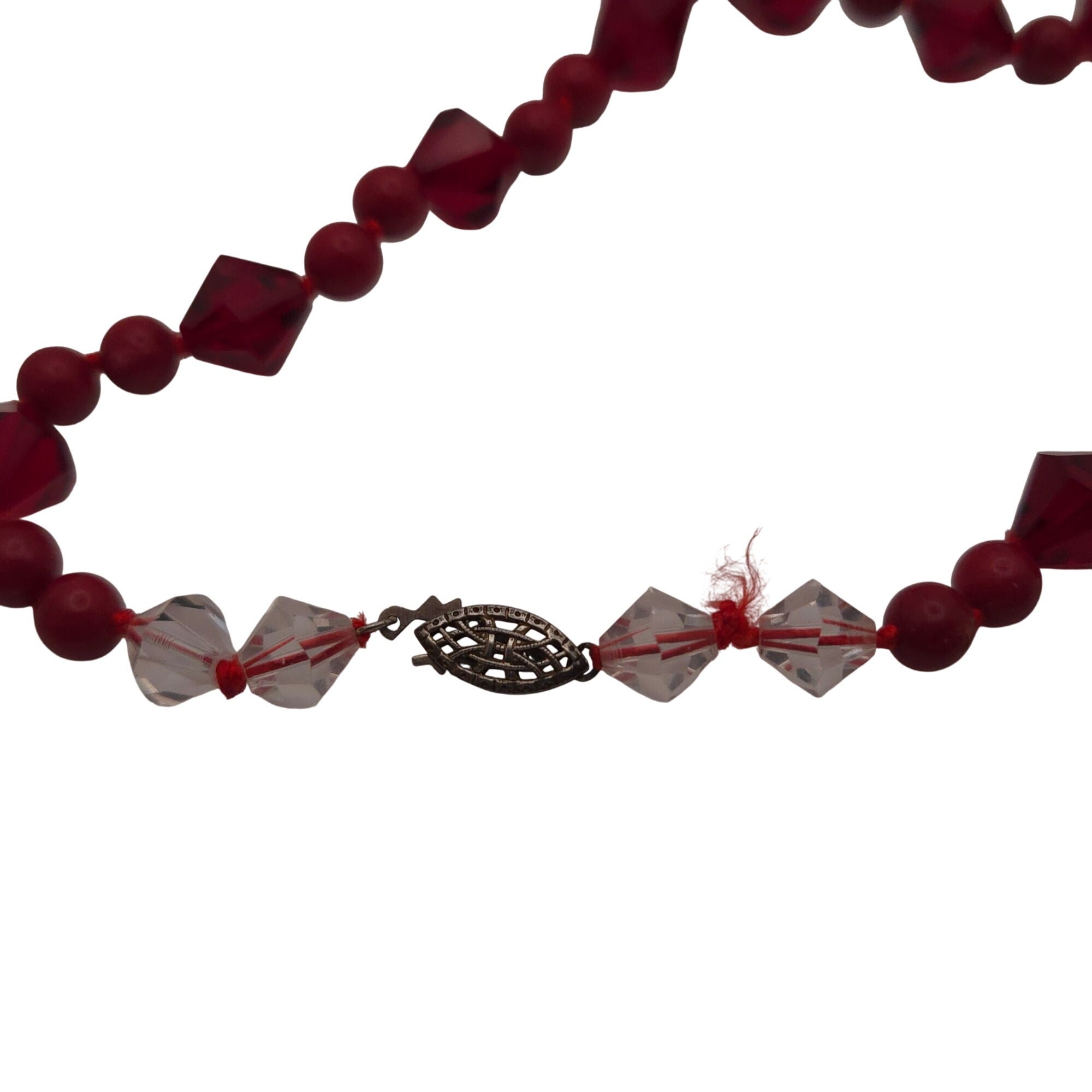 Vintage Ruby Red Clear Crystal Bead Necklace Hand Strung 24" Silk Sterling Clasp