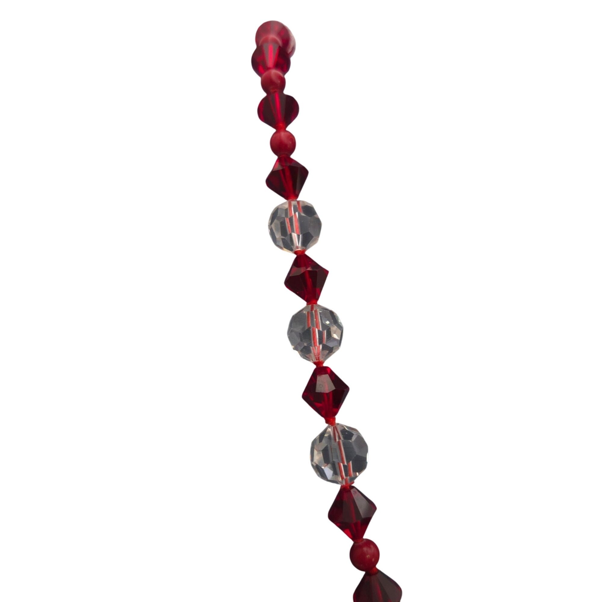 Vintage Ruby Red Clear Crystal Bead Necklace Hand Strung 24" Silk Sterling Clasp