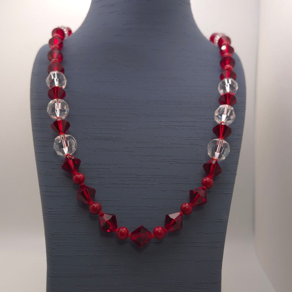 Vintage Ruby Red Clear Crystal Bead Necklace Hand Strung 24" Silk Sterling Clasp
