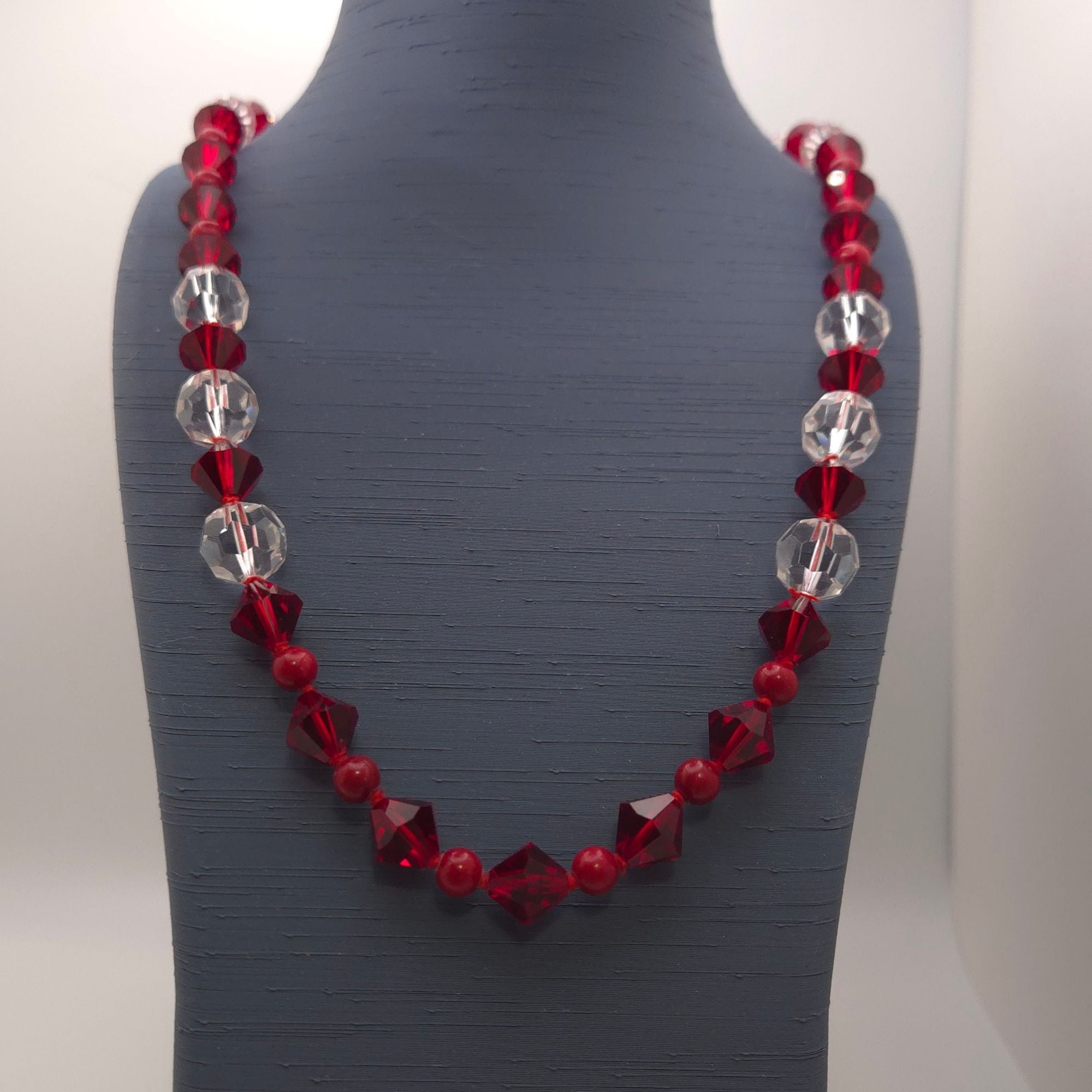 Vintage Ruby Red Clear Crystal Bead Necklace Hand Strung 24" Silk Sterling Clasp