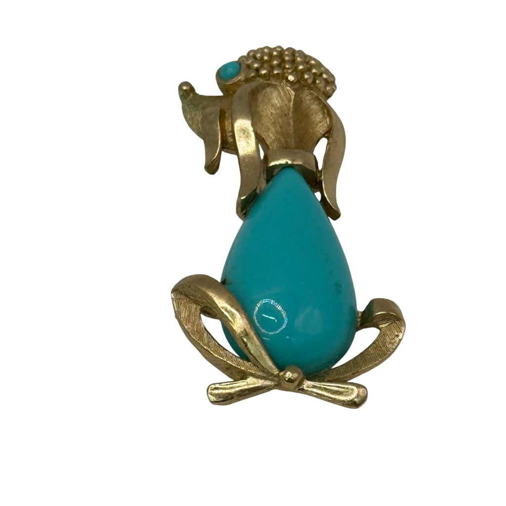 Vintage Trifari Gold Tone Poodle Brooch Teal Blue Turquoise Enamel Jelly Belly 2