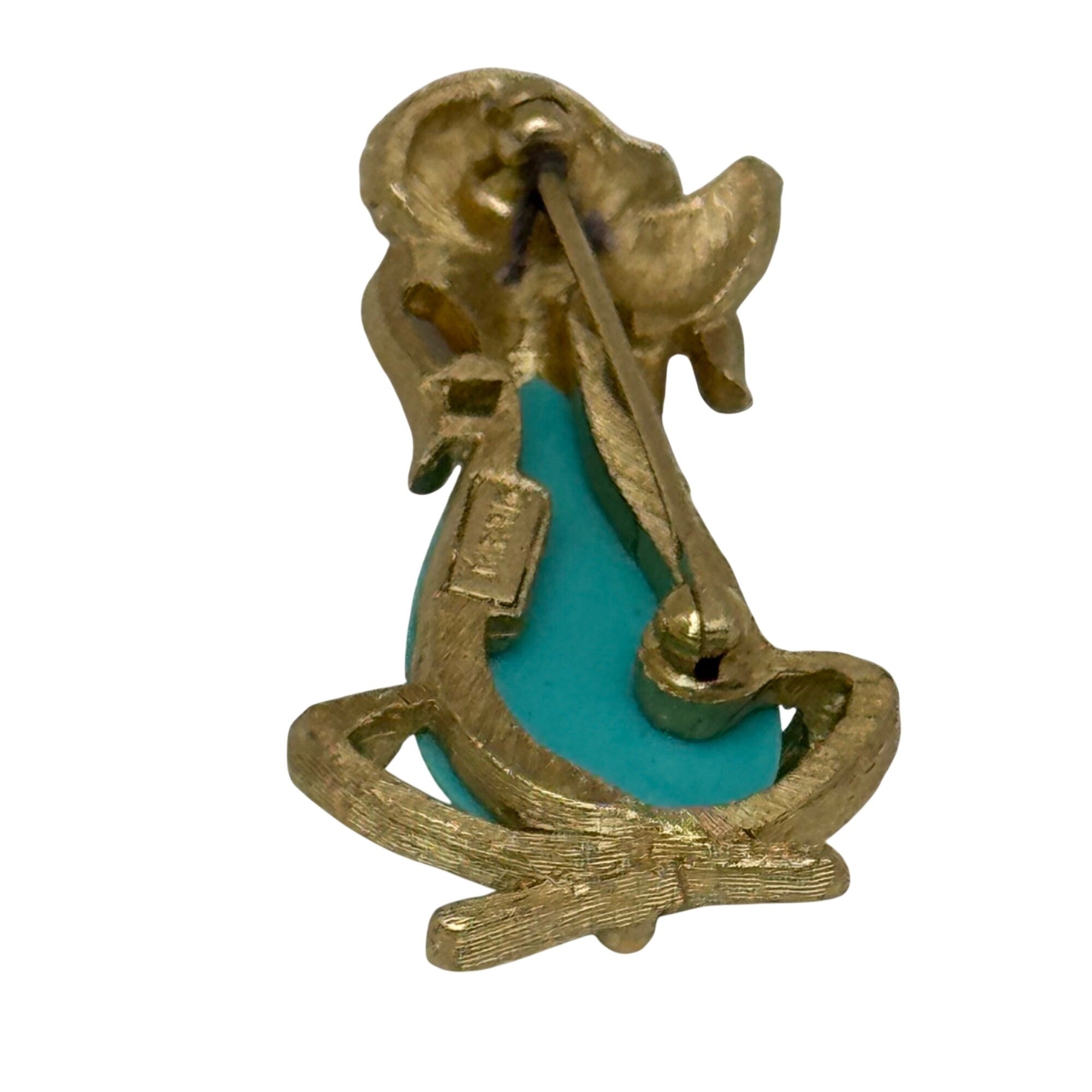 Vintage Trifari Gold Tone Poodle Brooch Teal Blue Turquoise Enamel Jelly Belly 2