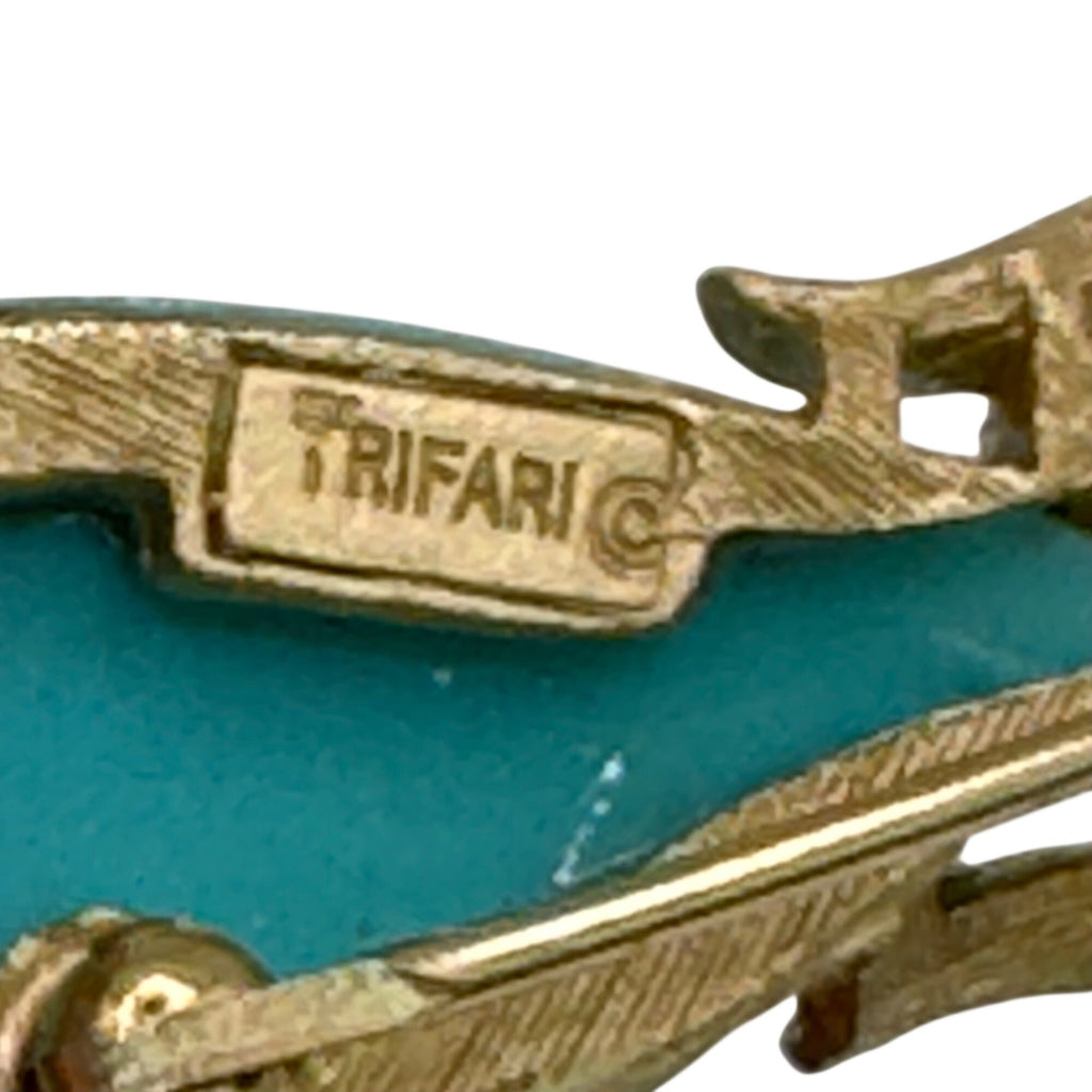Vintage Trifari Gold Tone Poodle Brooch Teal Blue Turquoise Enamel Jelly Belly 2