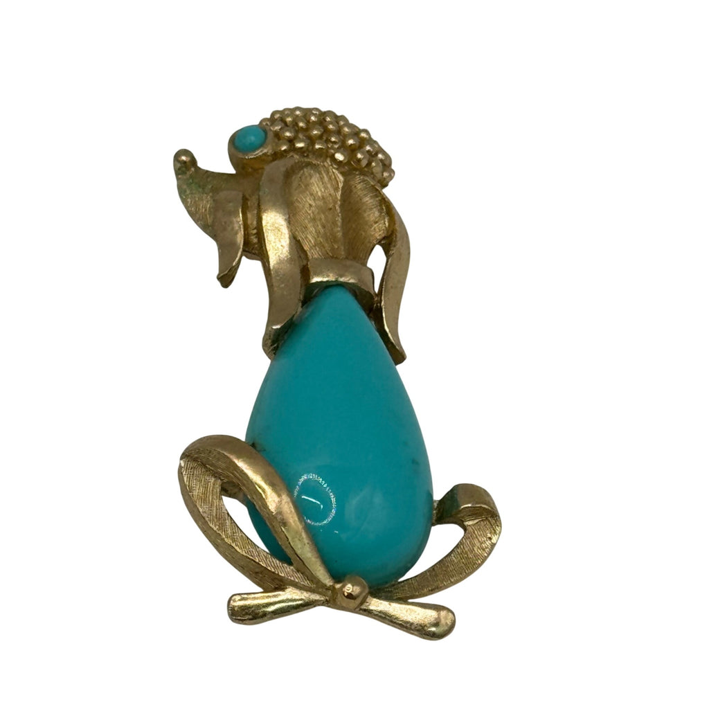 Vintage Trifari Gold Tone Poodle Brooch Teal Blue Turquoise Enamel Jelly Belly 2