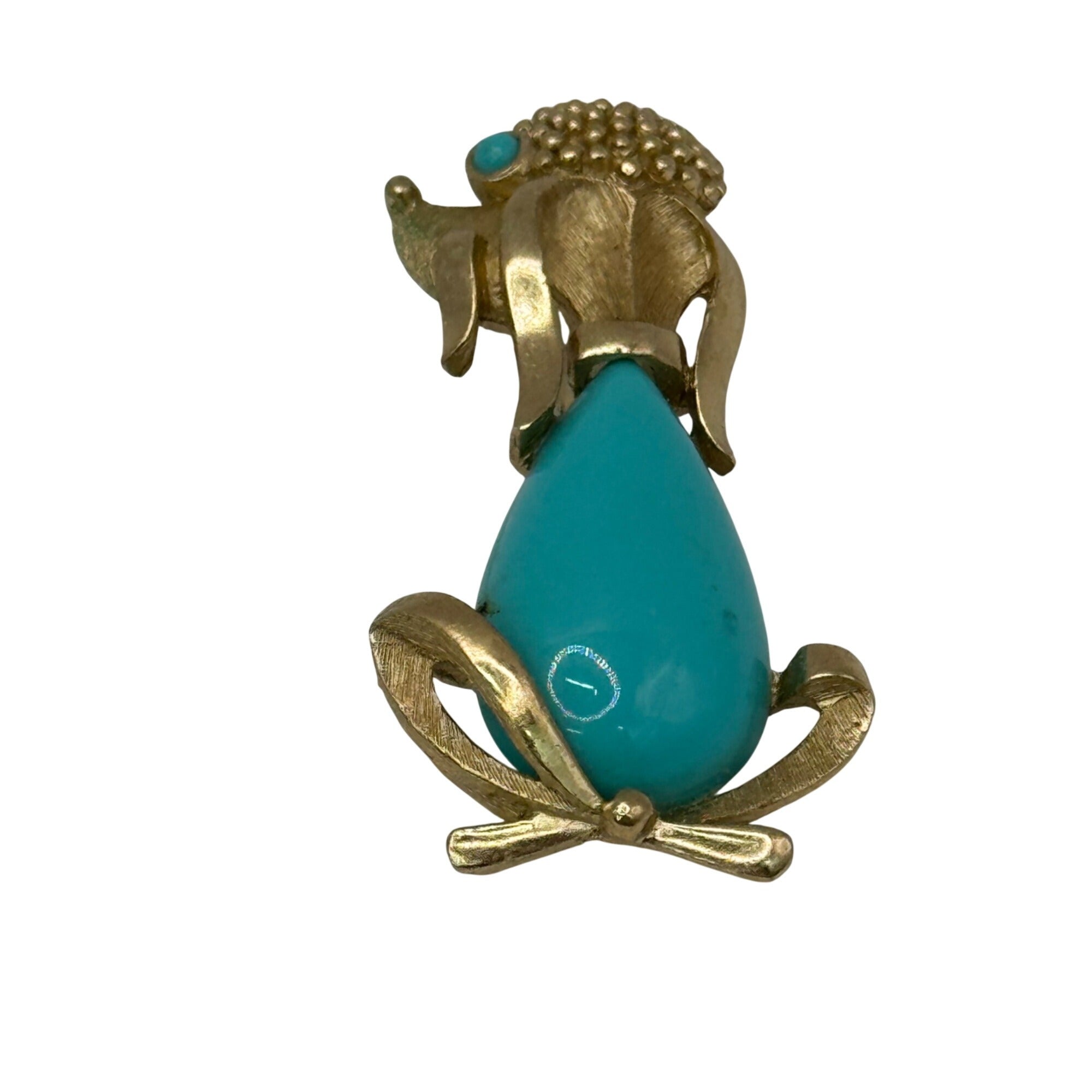 Vintage Trifari Gold Tone Poodle Brooch Teal Blue Turquoise Enamel Jelly Belly 2