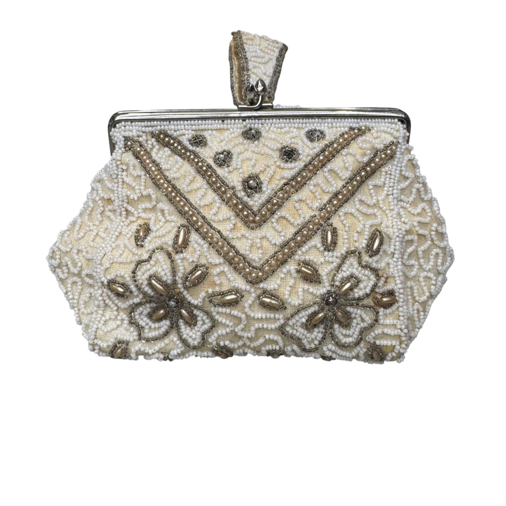 Vintage Handmade Beaded Belgium Kisslock Ivory Floral Clutch Purse Satin Lining
