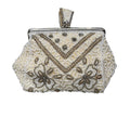 Vintage Handmade Beaded Belgium Kisslock Ivory Floral Clutch Purse Satin Lining
