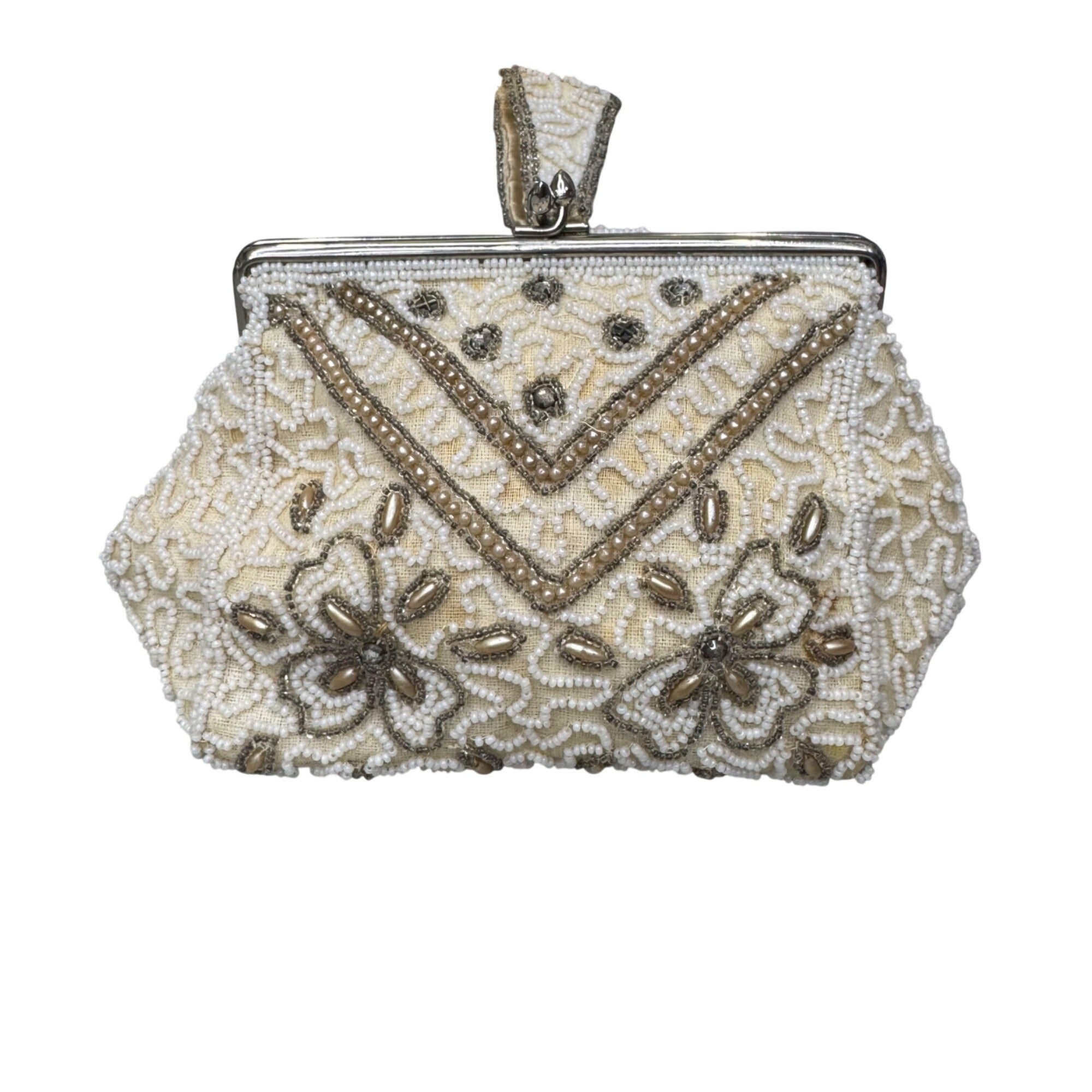 Vintage Handmade Beaded Belgium Kisslock Ivory Floral Clutch Purse Satin Lining
