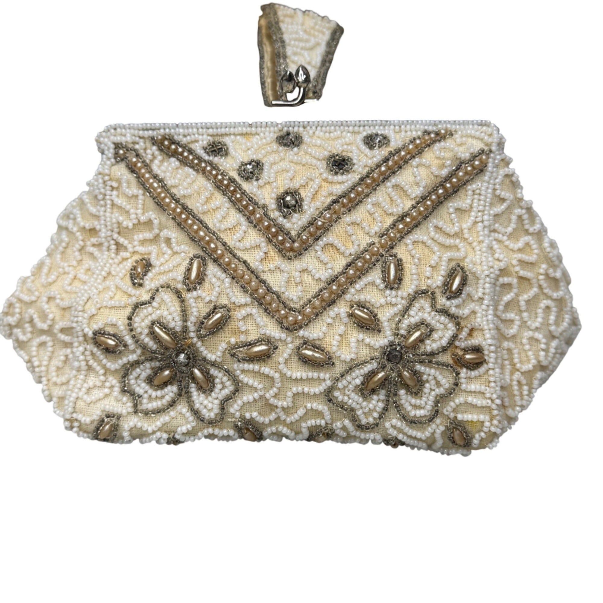 Vintage Handmade Beaded Belgium Kisslock Ivory Floral Clutch Purse Satin Lining
