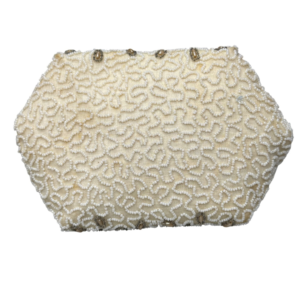 Vintage Handmade Beaded Belgium Kisslock Ivory Floral Clutch Purse Satin Lining
