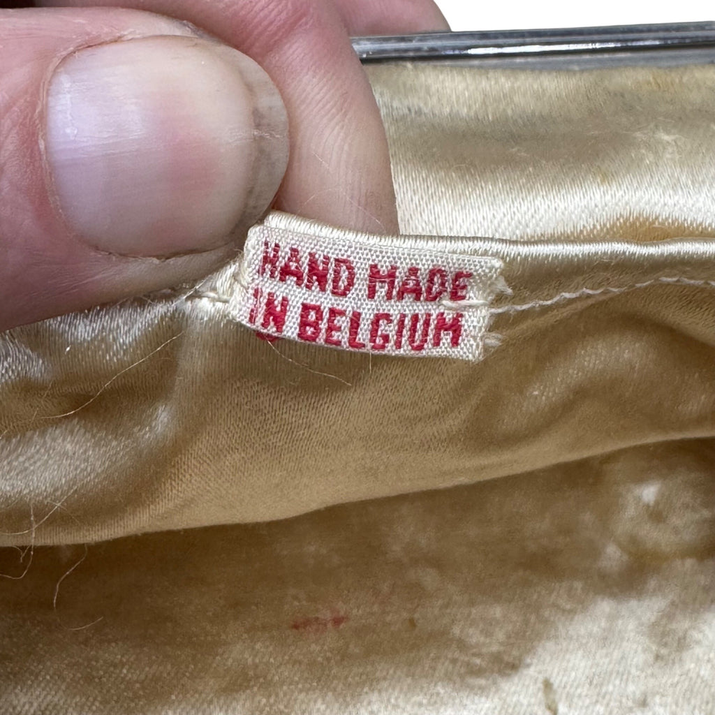 Vintage Handmade Beaded Belgium Kisslock Ivory Floral Clutch Purse Satin Lining