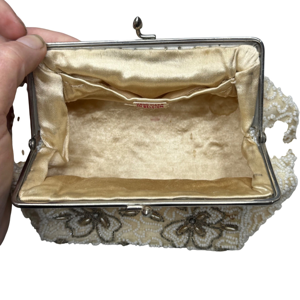 Vintage Handmade Beaded Belgium Kisslock Ivory Floral Clutch Purse Satin Lining