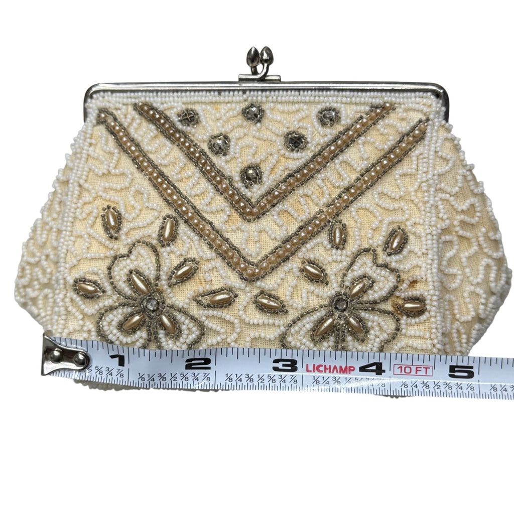 Vintage Handmade Beaded Belgium Kisslock Ivory Floral Clutch Purse Satin Lining