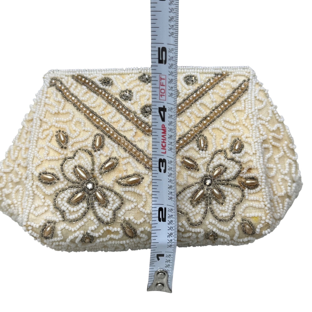 Vintage Handmade Beaded Belgium Kisslock Ivory Floral Clutch Purse Satin Lining