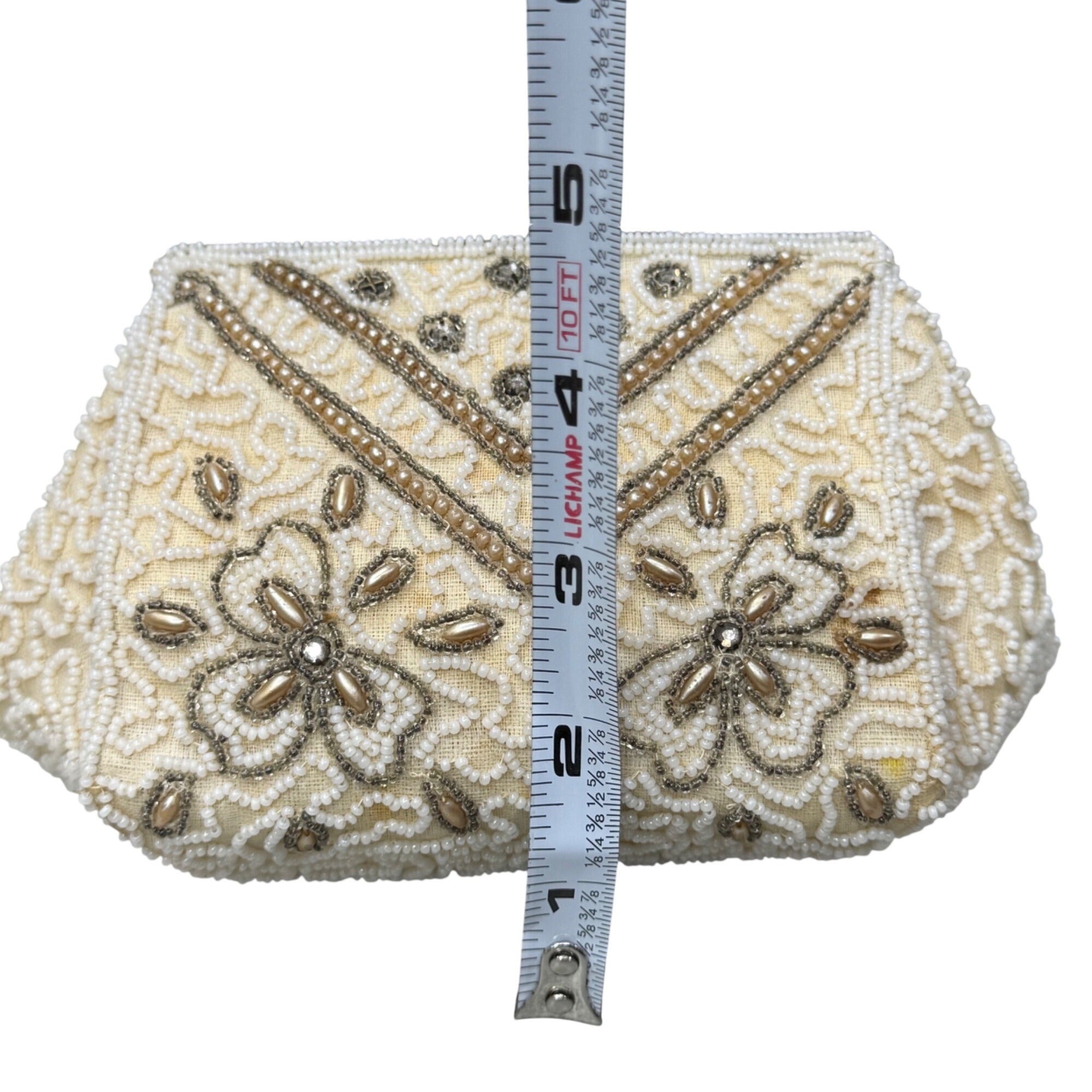 Vintage Handmade Beaded Belgium Kisslock Ivory Floral Clutch Purse Satin Lining