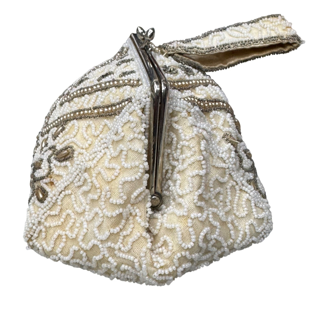 Vintage Handmade Beaded Belgium Kisslock Ivory Floral Clutch Purse Satin Lining