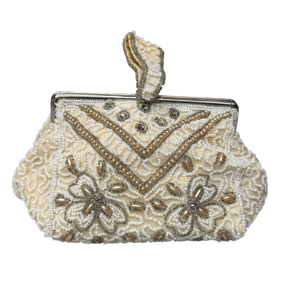 Vintage Handmade Beaded Belgium Kisslock Ivory Floral Clutch Purse Satin Lining