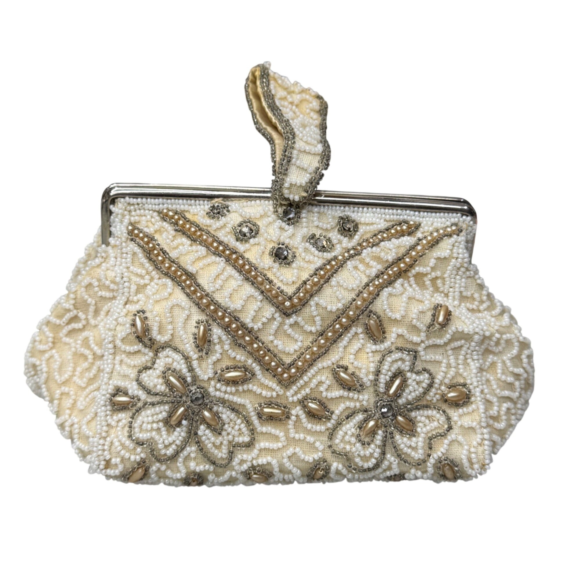 Vintage Handmade Beaded Belgium Kisslock Ivory Floral Clutch Purse Satin Lining