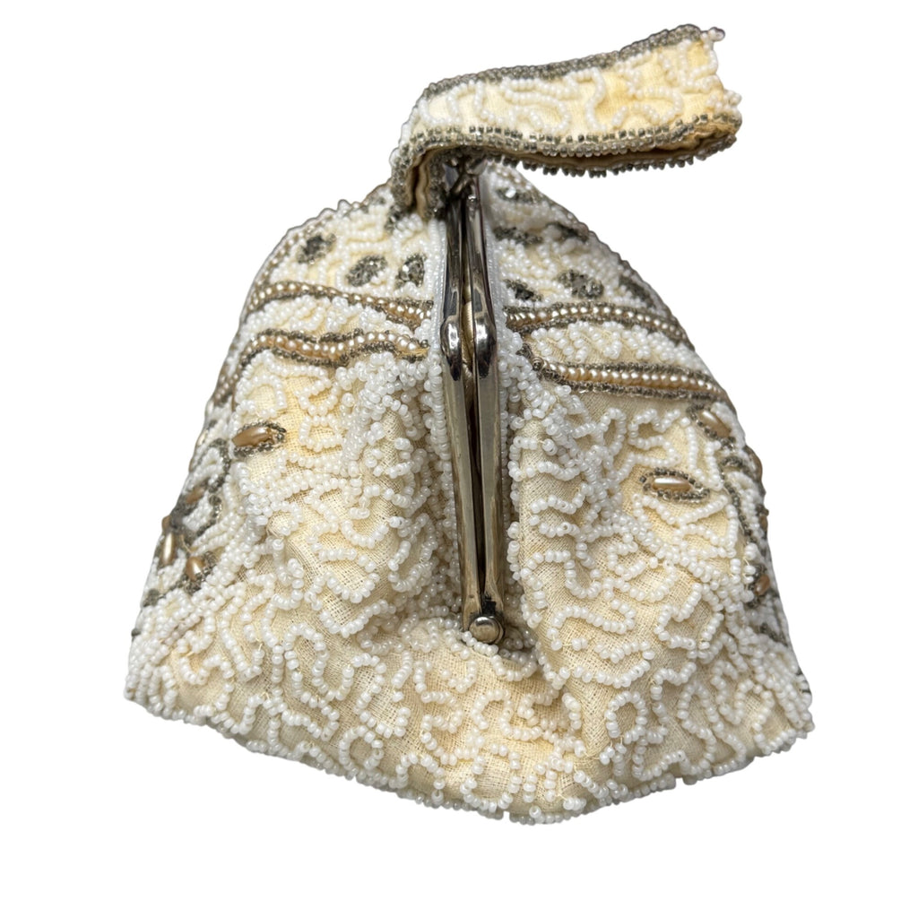 Vintage Handmade Beaded Belgium Kisslock Ivory Floral Clutch Purse Satin Lining