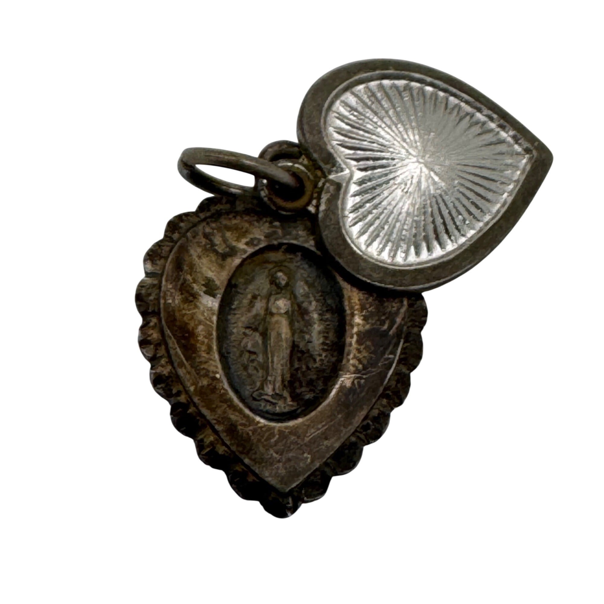 Slide Heart Miraculous Medal Virgin Mary Chapel Sterling Vintage Pendant Charm