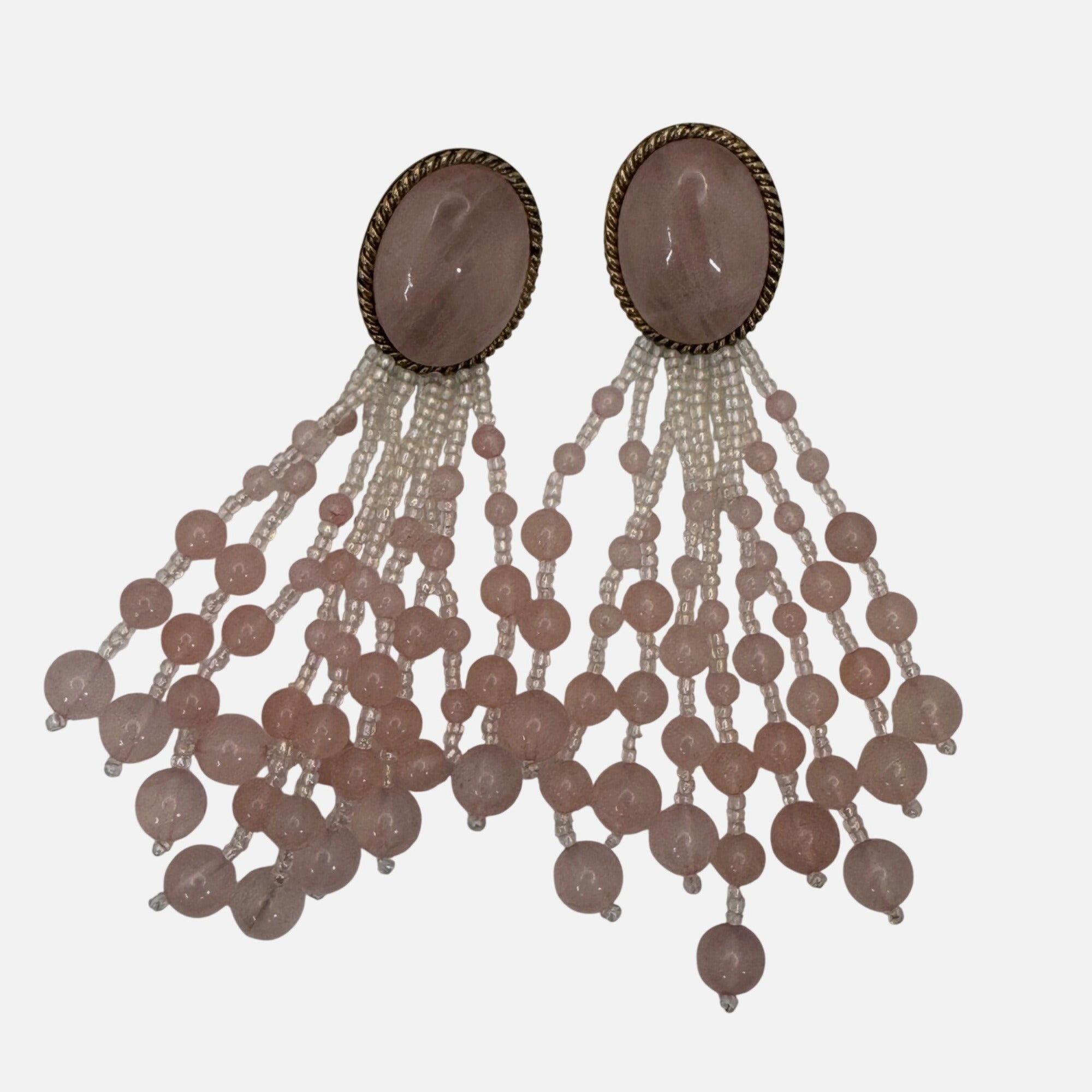 Vintage Pink Pierced Chandelier Earrings Rose Quartz Ombre Beaded Dangle Duster