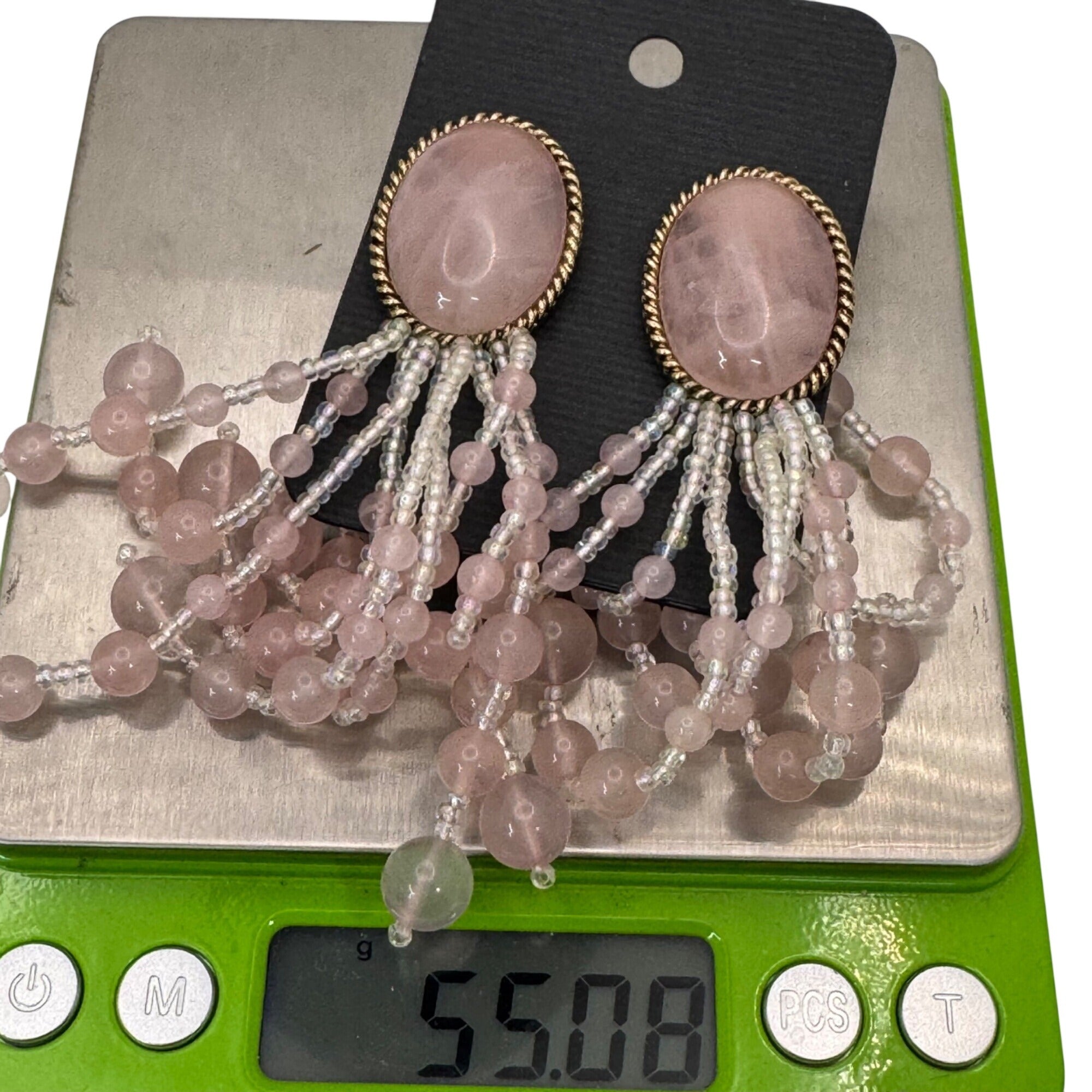 Vintage Pink Pierced Chandelier Earrings Rose Quartz Ombre Beaded Dangle Duster