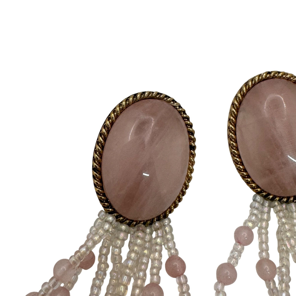 Vintage Pink Pierced Chandelier Earrings Rose Quartz Ombre Beaded Dangle Duster