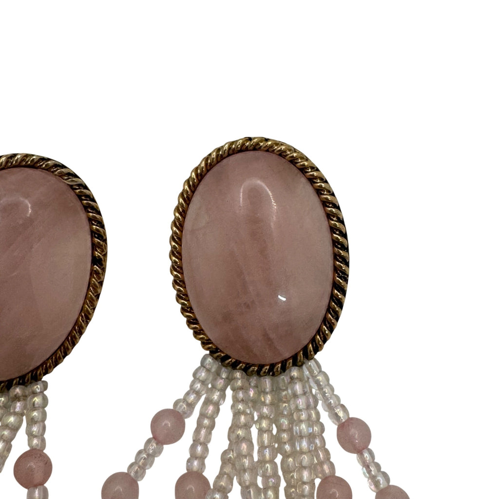Vintage Pink Pierced Chandelier Earrings Rose Quartz Ombre Beaded Dangle Duster