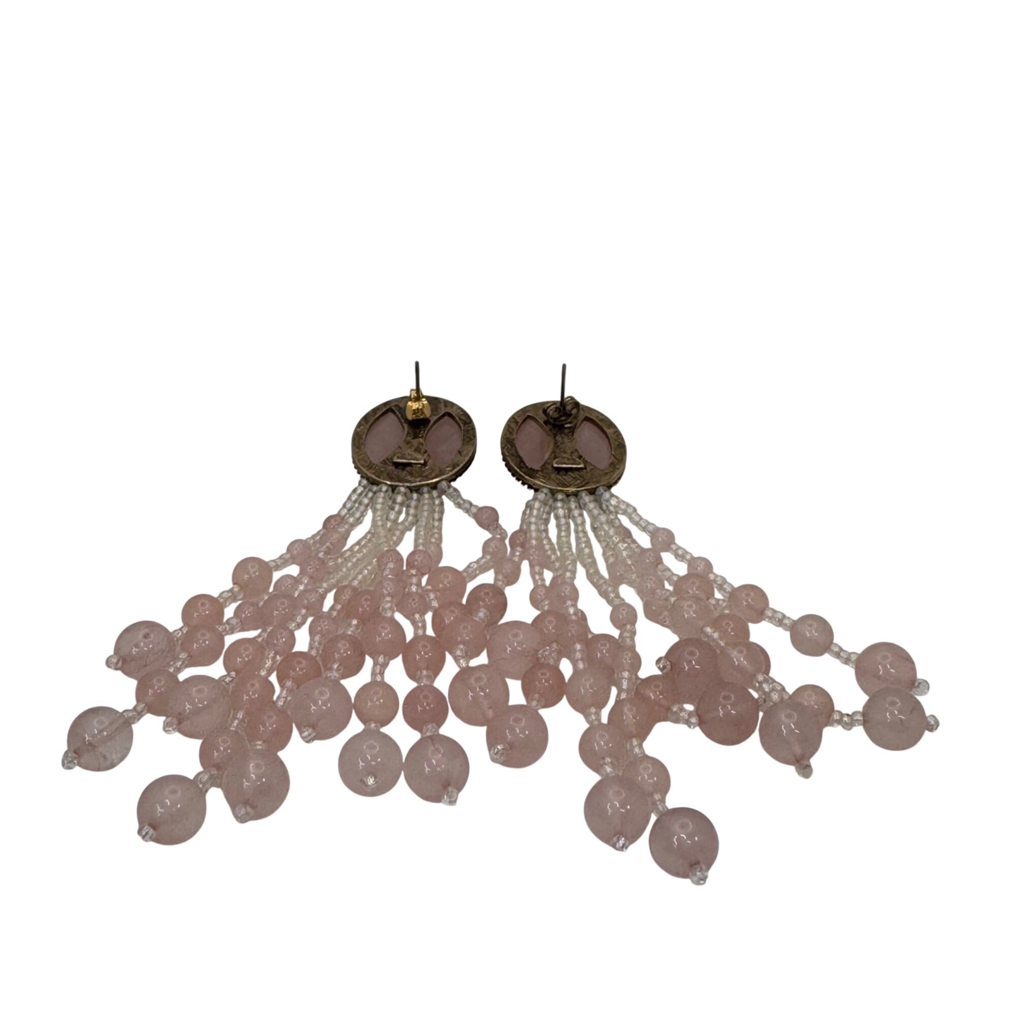 Vintage Pink Pierced Chandelier Earrings Rose Quartz Ombre Beaded Dangle Duster