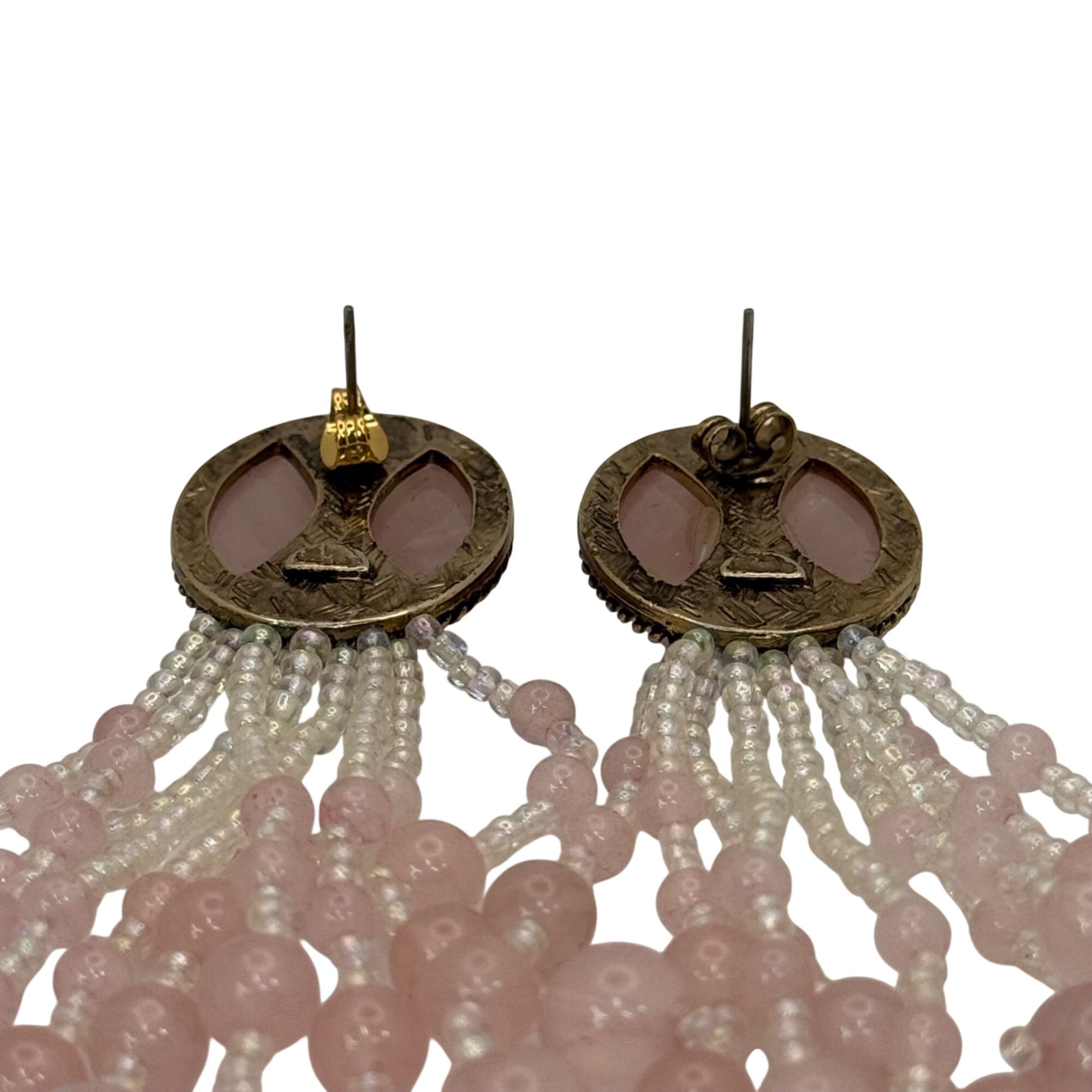 Vintage Pink Pierced Chandelier Earrings Rose Quartz Ombre Beaded Dangle Duster
