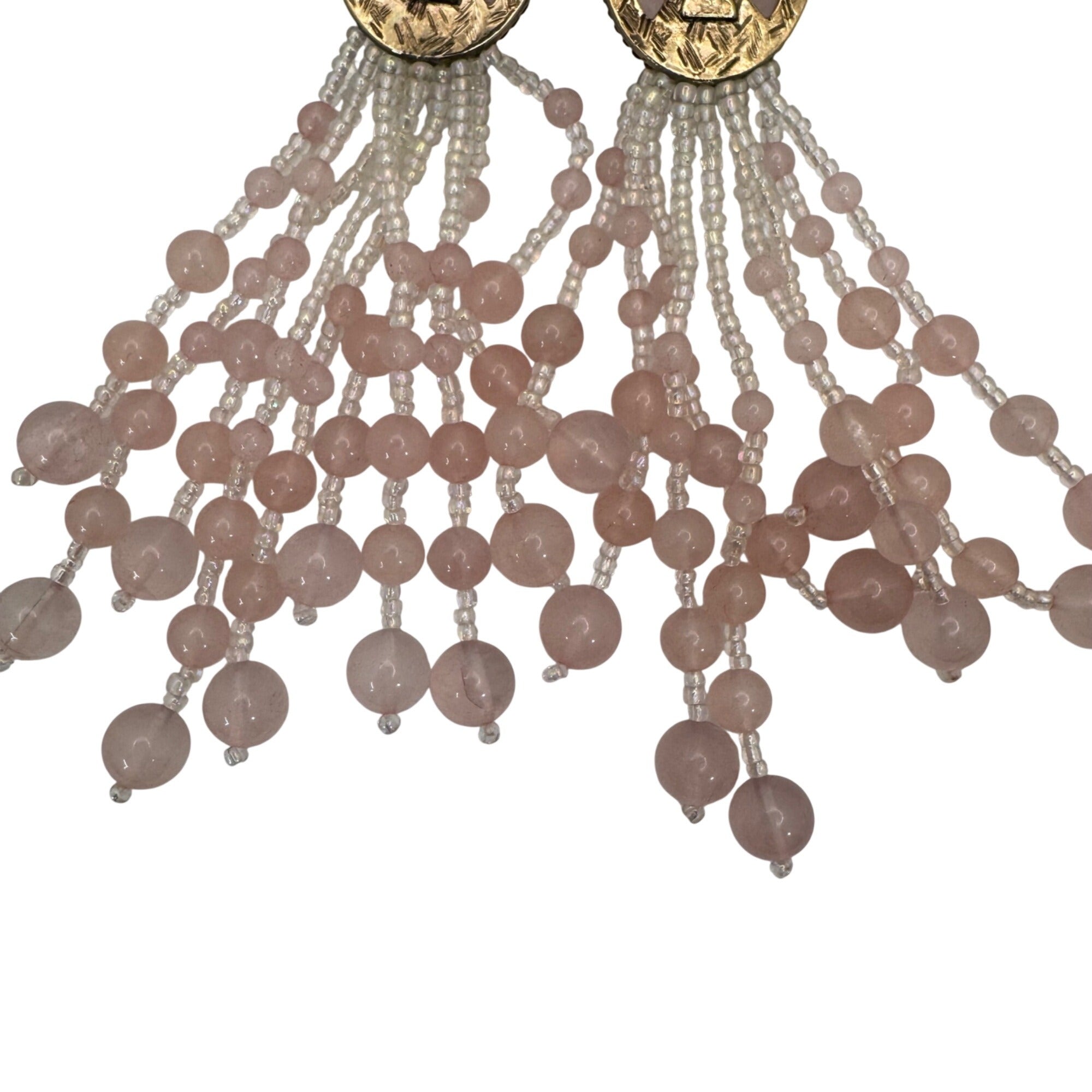 Vintage Pink Pierced Chandelier Earrings Rose Quartz Ombre Beaded Dangle Duster