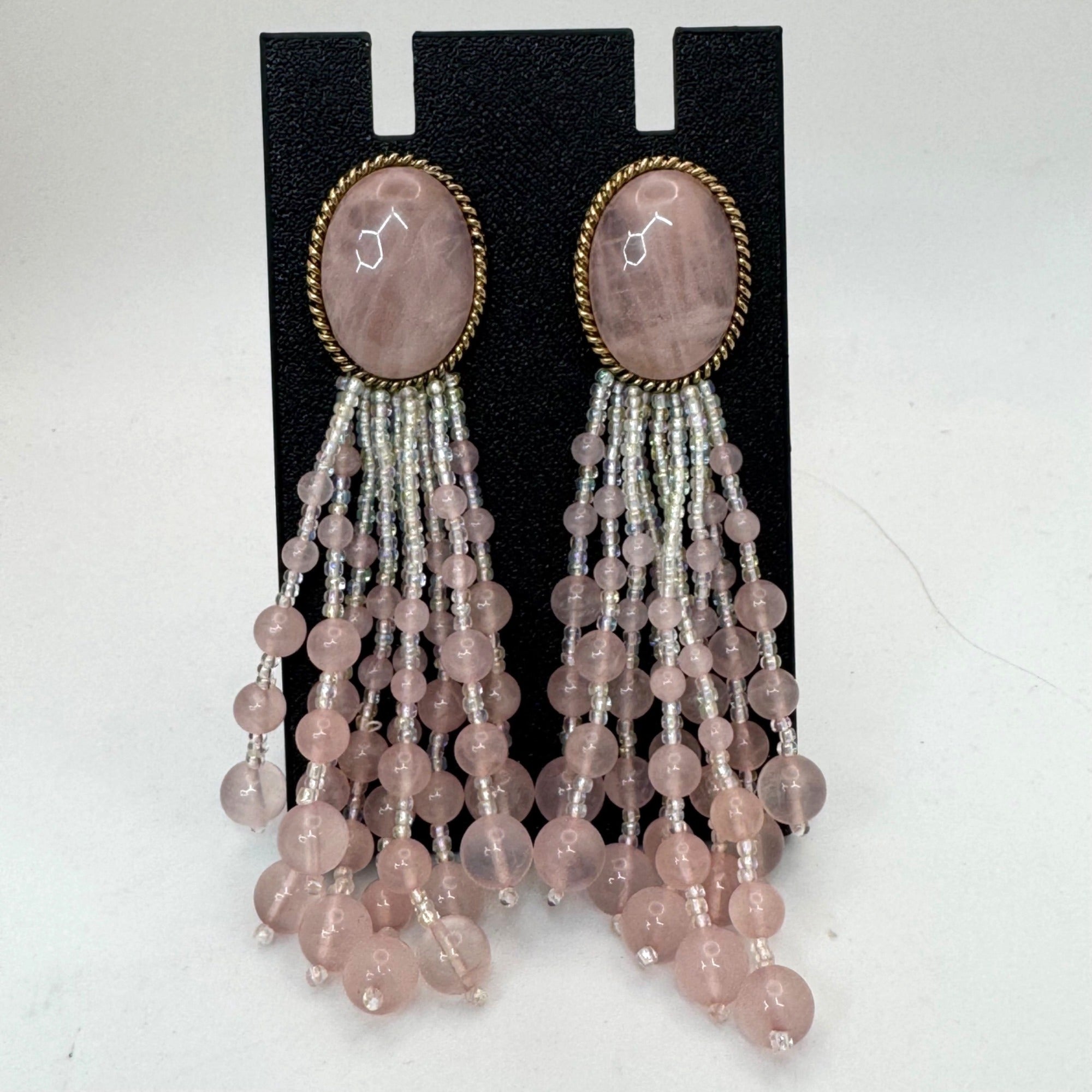 Vintage Pink Pierced Chandelier Earrings Rose Quartz Ombre Beaded Dangle Duster