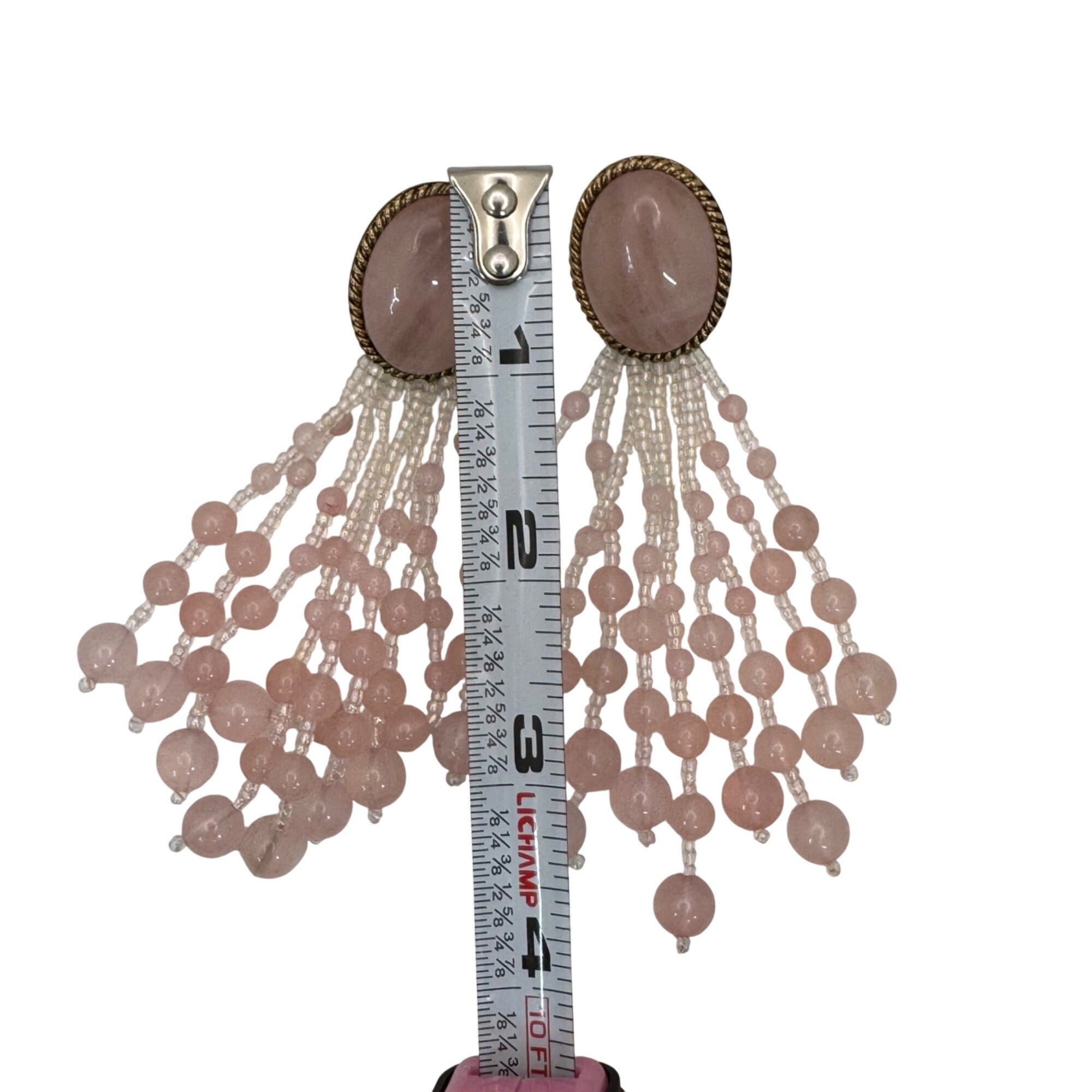 Vintage Pink Pierced Chandelier Earrings Rose Quartz Ombre Beaded Dangle Duster
