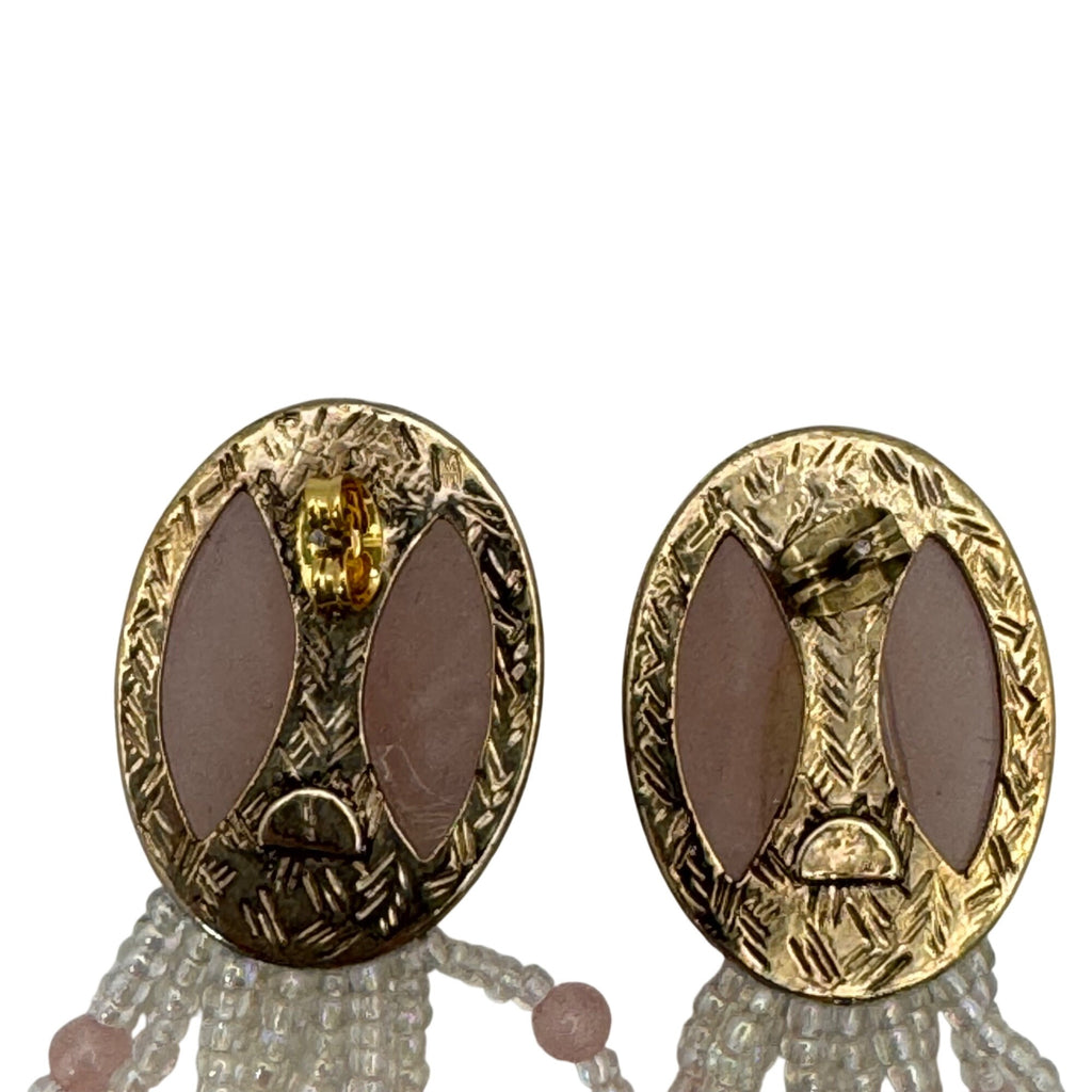 Vintage Pink Pierced Chandelier Earrings Rose Quartz Ombre Beaded Dangle Duster