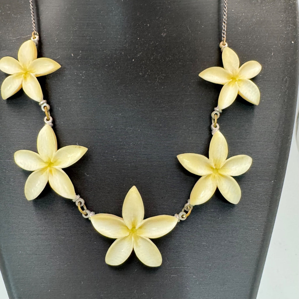 Vintage Carved Plumeria Hawaii Floral Necklace Sterling Silver Chain 12" Collar