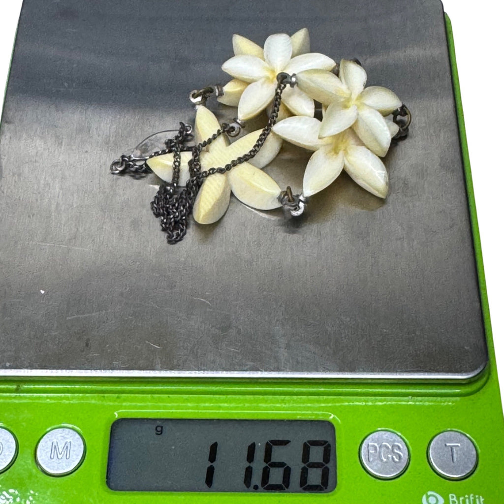 Vintage Carved Plumeria Hawaii Floral Necklace Sterling Silver Chain 12" Collar