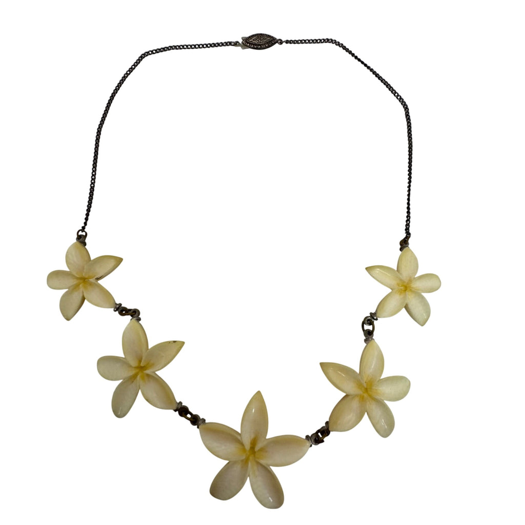 Vintage Carved Plumeria Hawaii Floral Necklace Sterling Silver Chain 12" Collar