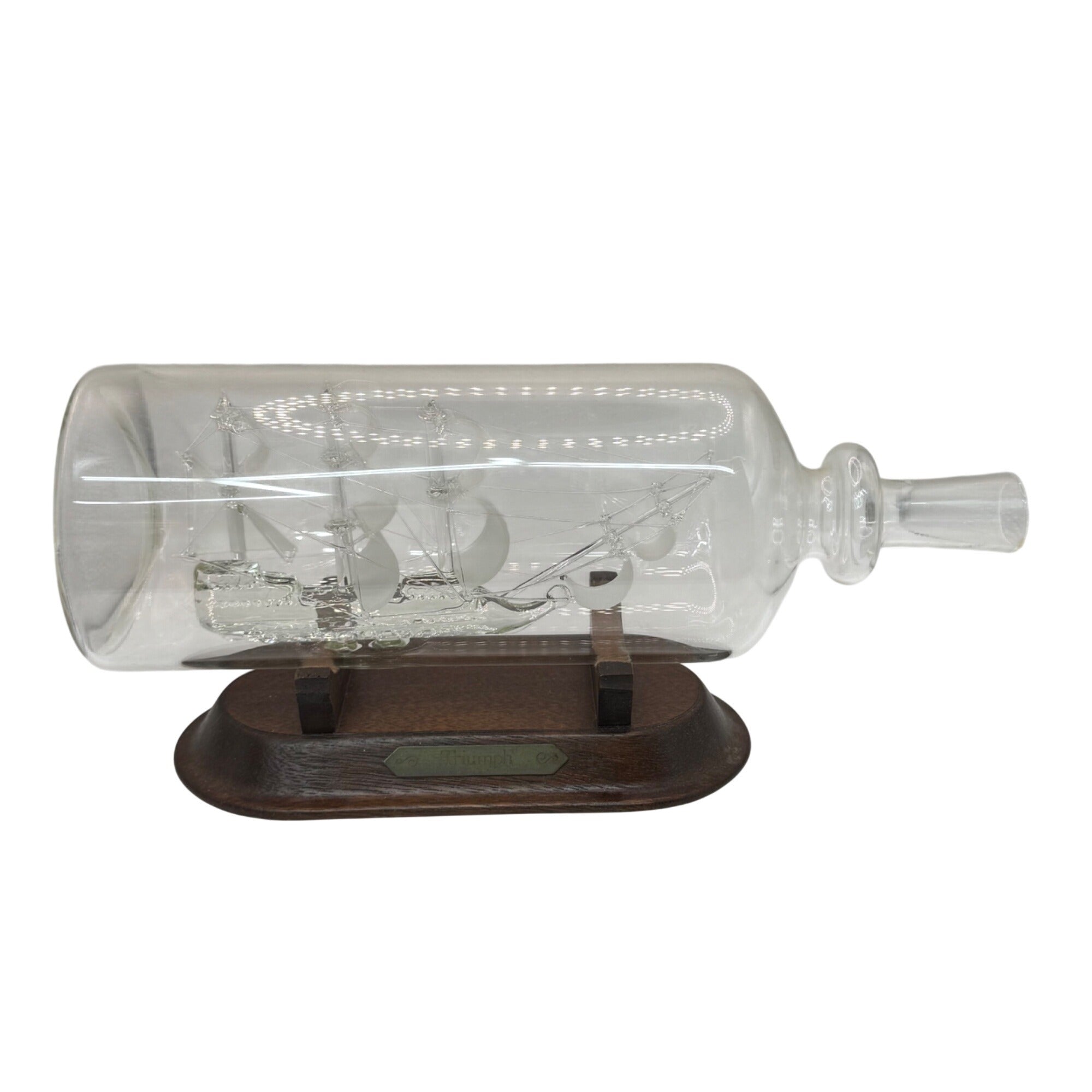Clipper Ship In A Bottle Glass Sculpture Wooden Base Triumph 9.5" Nautical Decor