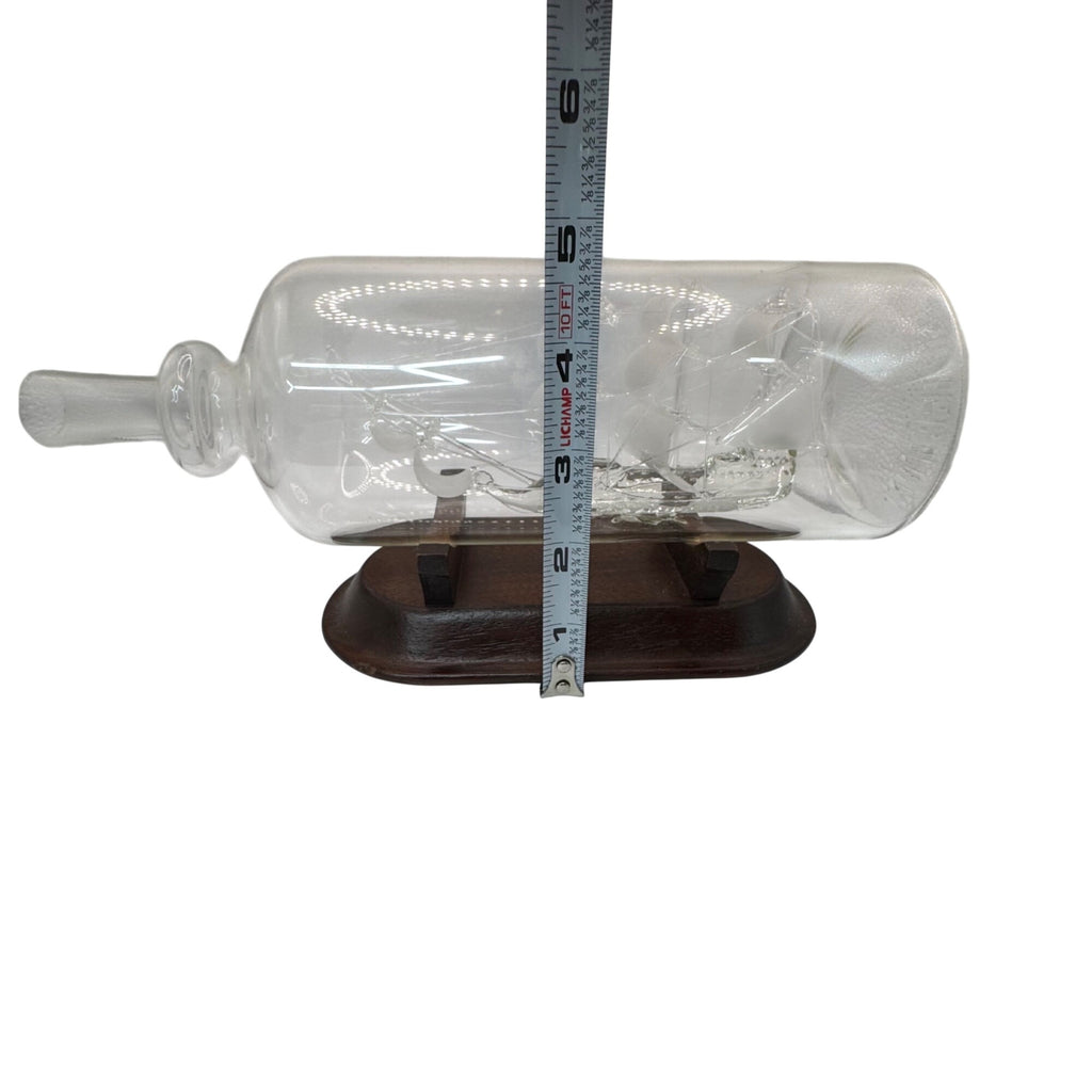 Clipper Ship In A Bottle Glass Sculpture Wooden Base Triumph 9.5" Nautical Decor