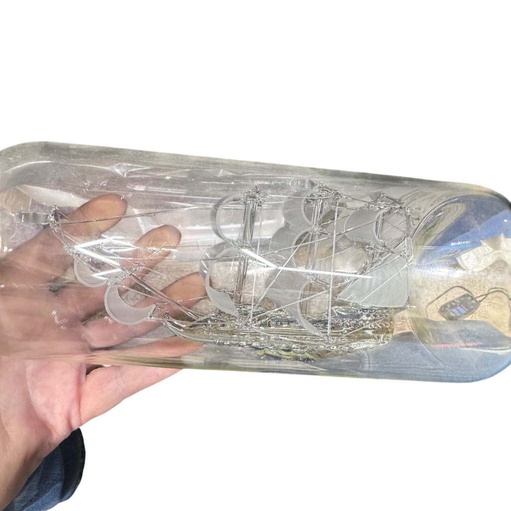 Clipper Ship In A Bottle Glass Sculpture Wooden Base Triumph 9.5" Nautical Decor