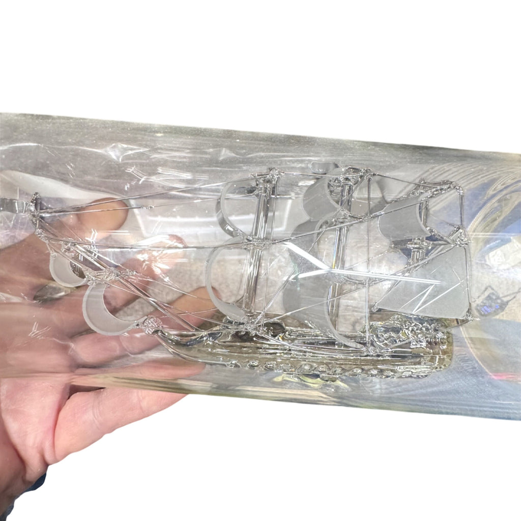 Clipper Ship In A Bottle Glass Sculpture Wooden Base Triumph 9.5" Nautical Decor