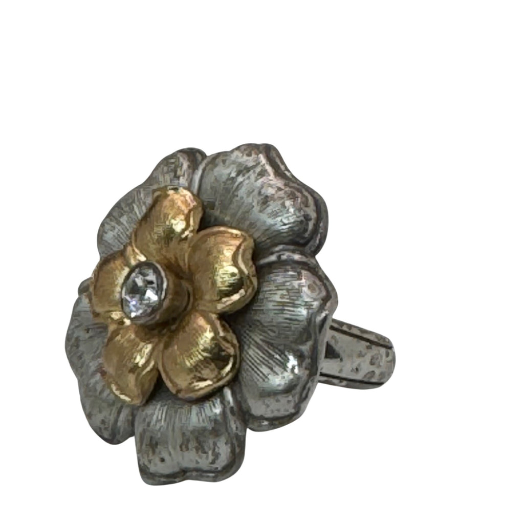 Brighton Flower Statement Ring Size 7 Gold Silver Tone Cocktail Ring Crystal