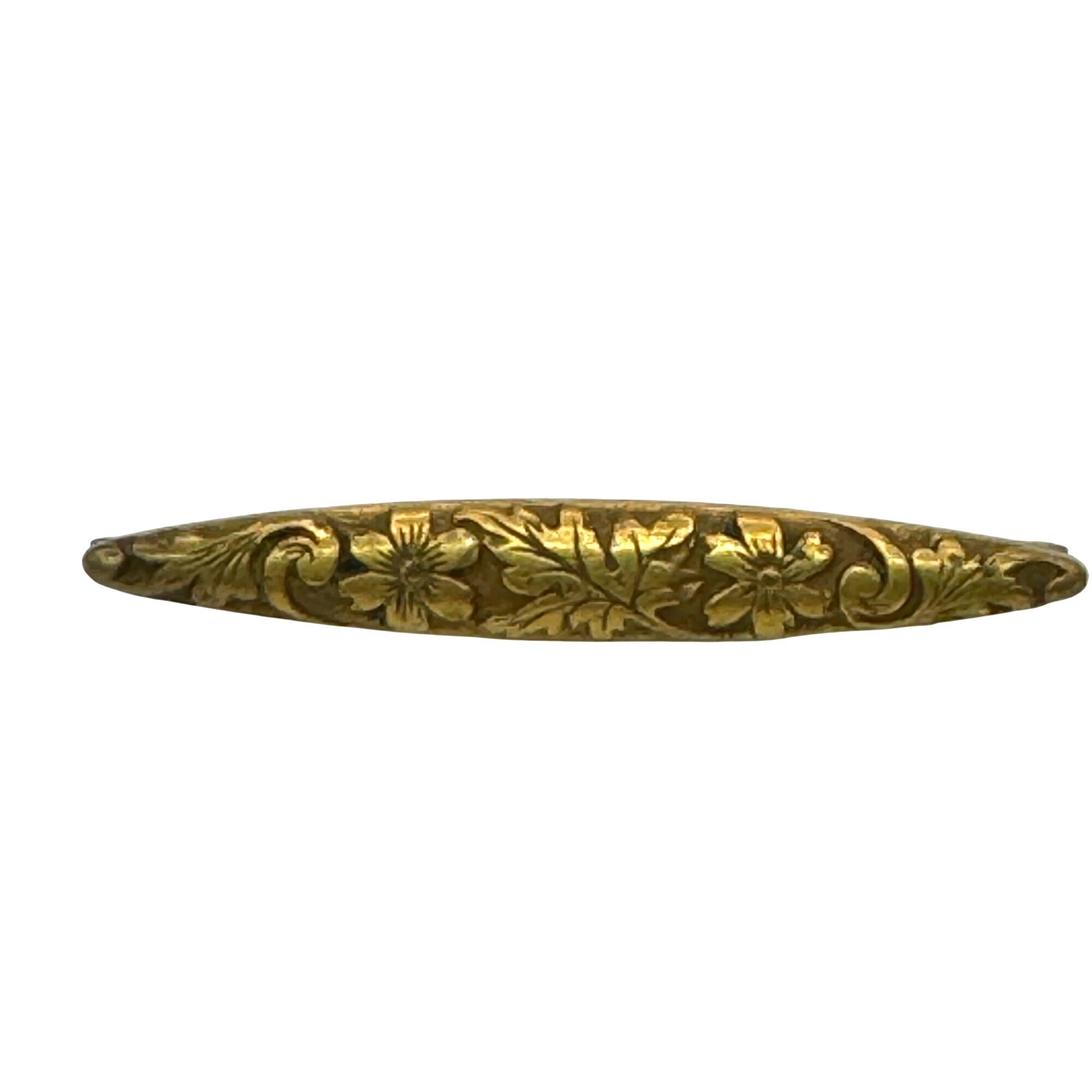Antique Gold 14k Floral Engraved Bar Pin Brooch 1.5” Art Nouveau Leaf Scroll
