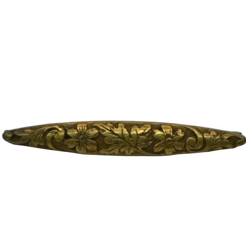 Antique Gold 14k Floral Engraved Bar Pin Brooch 1.5” Art Nouveau Leaf Scroll