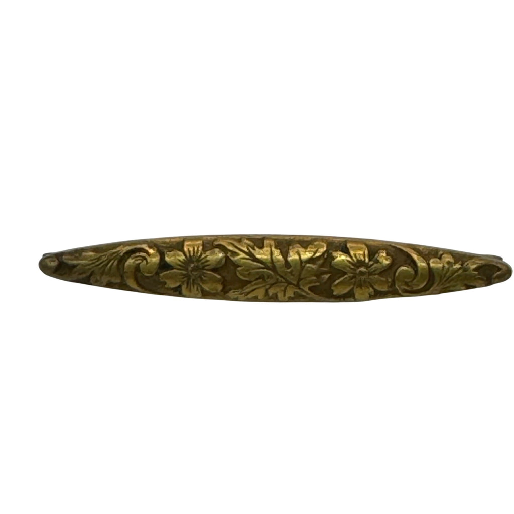 Antique Gold 14k Floral Engraved Bar Pin Brooch 1.5” Art Nouveau Leaf Scroll