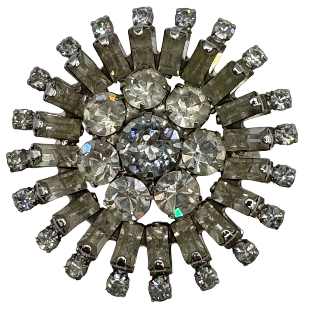 Vintage Napier Clear Rhinestone Starburst Brooch Pin 1.5" Prong Set Round MCM