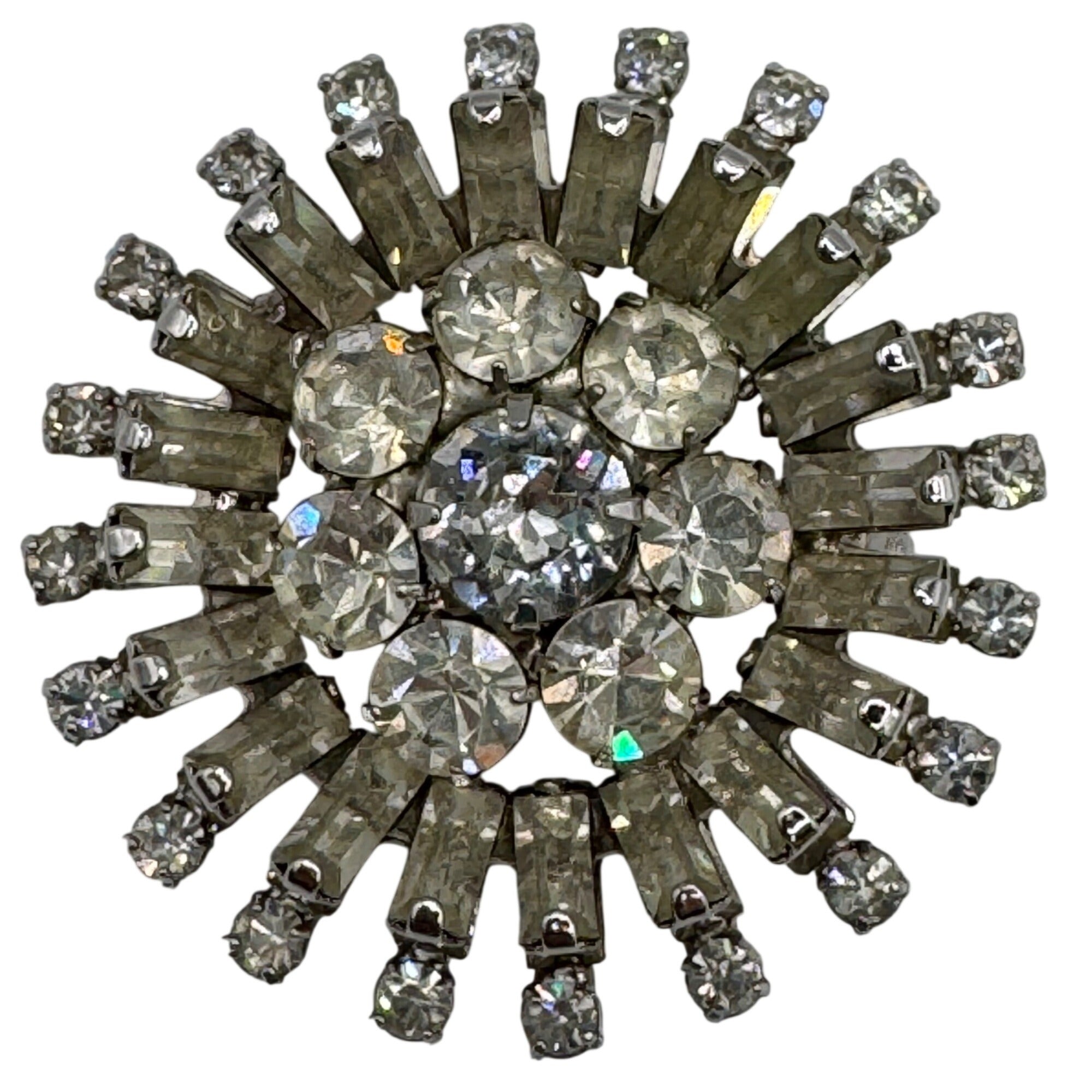 Vintage Napier Clear Rhinestone Starburst Brooch Pin 1.5" Prong Set Round MCM