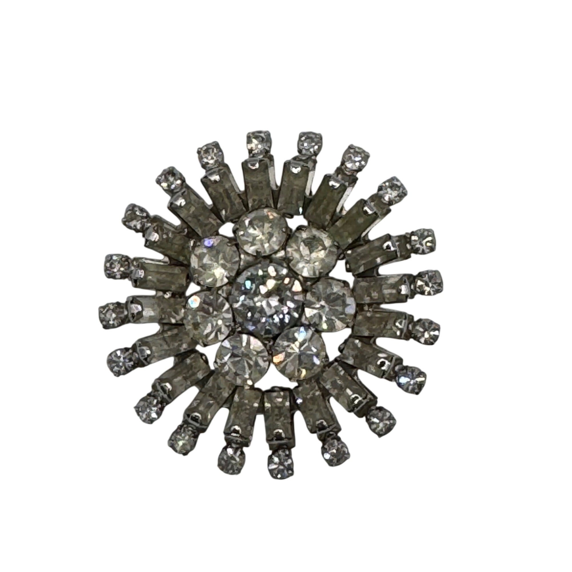Vintage Napier Clear Rhinestone Starburst Brooch Pin 1.5" Prong Set Round MCM