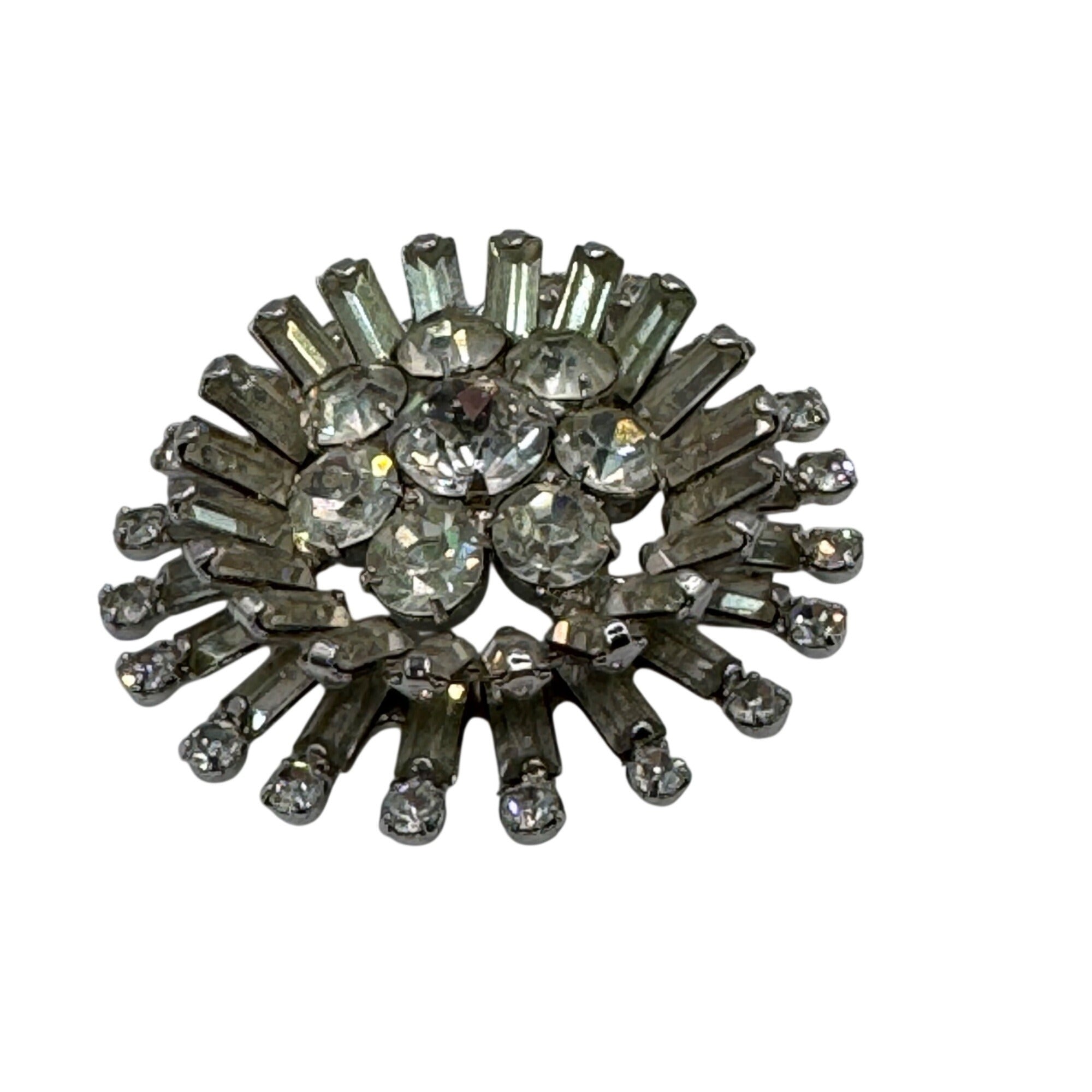 Vintage Napier Clear Rhinestone Starburst Brooch Pin 1.5" Prong Set Round MCM